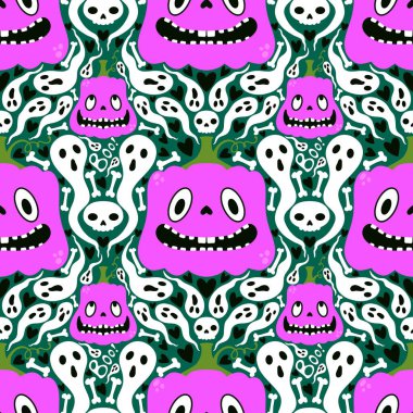 Cadılar Bayramı çizgi filmlerinde balkabakları, hayaletler ve kafatası desenleri kağıt ve kumaşlar ve çocuk giysileri baskısı ve şenlik ambalajları ve sonbahar aksesuarları. Yüksek kaliteli illüstrasyon