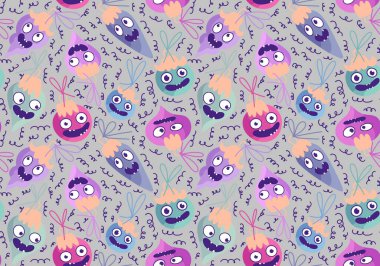 Noel ağacı topları, kumaşlar, ambalaj kağıtları, çocuk giysileri baskısı, yeni yıl ambalajları ve şenlikli aksesuarları olan kusursuz çizgi film canavarları. Yüksek kaliteli illüstrasyon