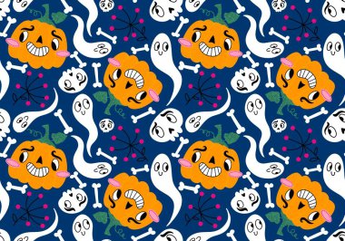 Cadılar Bayramı çizgi filmlerinde balkabakları kusursuz hayaletler ve kafatası desenleri kağıt ve kumaşlar ve çocuk giysileri baskısı ve şenlik ambalajları ve sonbahar aksesuarları. Yüksek kaliteli illüstrasyon