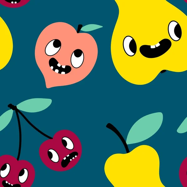 Nahtlose Cartoon Früchte Aus Kirsche Und Birne Und Pfirsichmuster Zum — Stockfoto