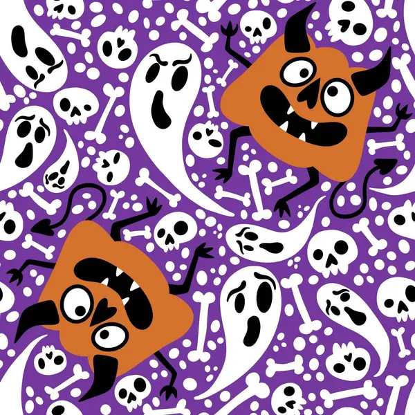 Monstruos Halloween Calabazas Sin Costura Patrón Fantasmas Huesos Para Papel —  Fotos de Stock