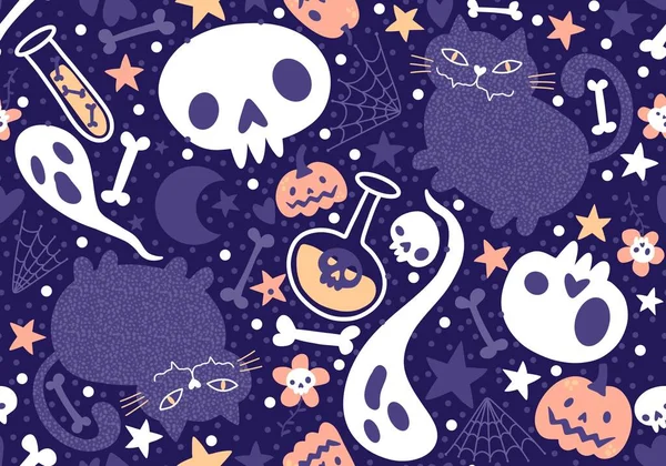 Halloween Macskák Tök Zökkenőmentes Szellem Csontok Minta Csomagolására Papír Szövetek — Stock Fotó