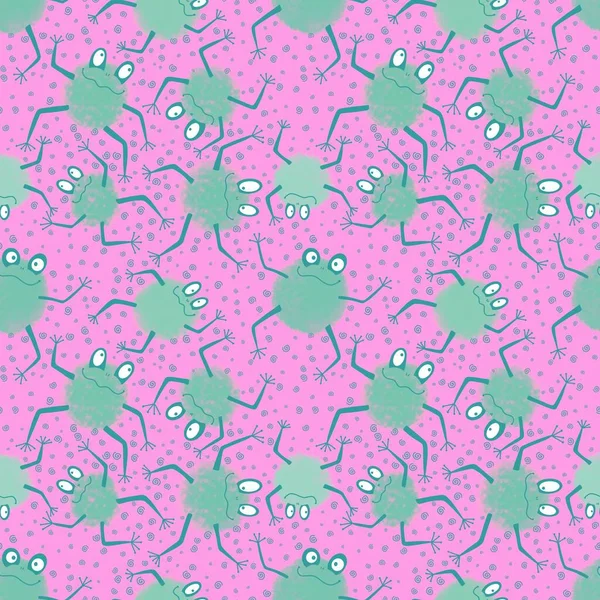 卡通动物无缝青蛙图案用于包装纸 织物和儿童服装 印花和时尚纺织品 夏季饰品和节日包装 高质量的例证 — 图库照片