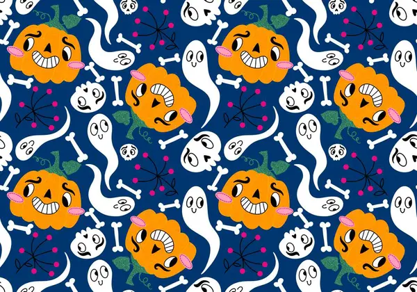 Cadılar Bayramı çizgi filmlerinde balkabakları kusursuz hayaletler ve kafatası desenleri kağıt ve kumaşlar ve çocuk giysileri baskısı ve şenlik ambalajları ve sonbahar aksesuarları. Yüksek kaliteli illüstrasyon
