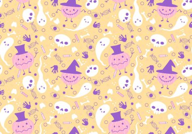 Cadılar Bayramı çizgi filmlerinde balkabakları kusursuz hayaletler ve kafatası desenleri kağıt ve kumaşlar ve çocuk giysileri baskısı ve şenlik ambalajları ve sonbahar aksesuarları. Yüksek kaliteli illüstrasyon