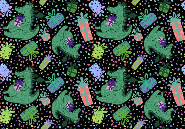 New Year Dragon Nahtlose Cartoon Weihnachten Dinosaurier Muster Für Verpackungspapier — Stockfoto