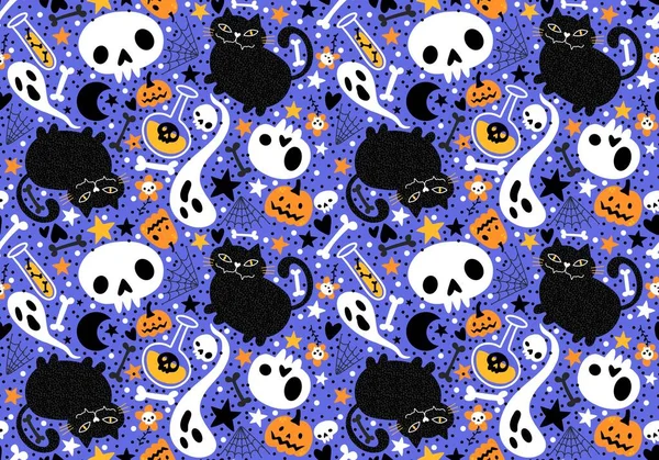 Halloween Macskák Tök Zökkenőmentes Szellem Csontok Minta Csomagolására Papír Szövetek — Stock Fotó