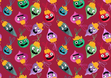 Noel ağacı topları, kumaşlar, ambalaj kağıtları, çocuk giysileri baskısı, yeni yıl ambalajları ve şenlikli aksesuarları olan kusursuz çizgi film canavarları. Yüksek kaliteli illüstrasyon