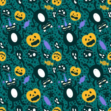 Cadılar Bayramı karikatürleri, balkabakları, dikişsiz kedi, kafatası ve hayalet desenleri kağıt, kumaş ve çocuk giysileri baskısı ve sonbahar ambalajı ve şenlikli aksesuarlar. Yüksek kaliteli illüstrasyon