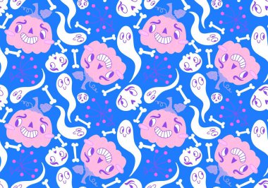 Cadılar Bayramı çizgi filmlerinde balkabakları kusursuz hayaletler ve kafatası desenleri kağıt ve kumaşlar ve çocuk giysileri baskısı ve şenlik ambalajları ve sonbahar aksesuarları. Yüksek kaliteli illüstrasyon