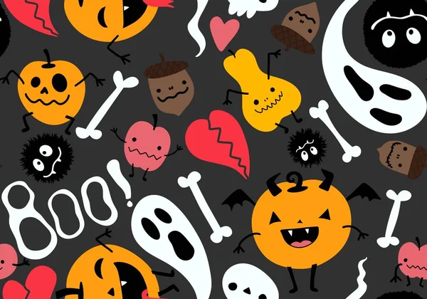 Halloween Cartoon Pumpkins Seamless Ghost Bones Skulls Pattern Wrapping Paper — Stock Photo, Image
