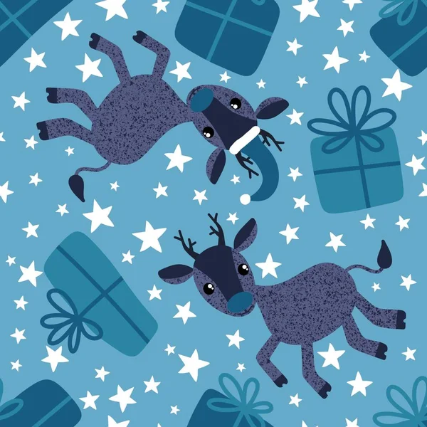 Winter cartoon animals seamless Christmas deer and gift box pattern for wrapping paper and fabrics and kids clothes print and new year accessories and packaging. High quality illustration
