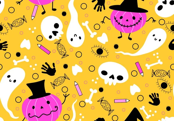 Patrón Calabazas Dibujos Animados Halloween Sin Costuras Fantasma Calaveras Para —  Fotos de Stock