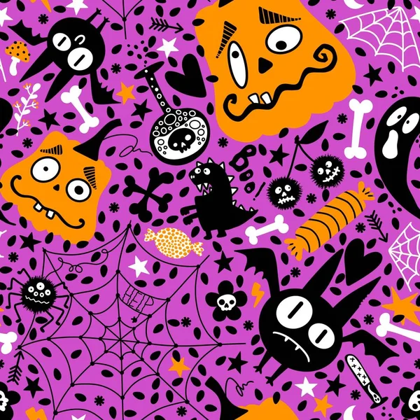 Halloween Cartoon Abóboras Sem Costura Morcego Fantasma Doces Web Padrão — Fotografia de Stock