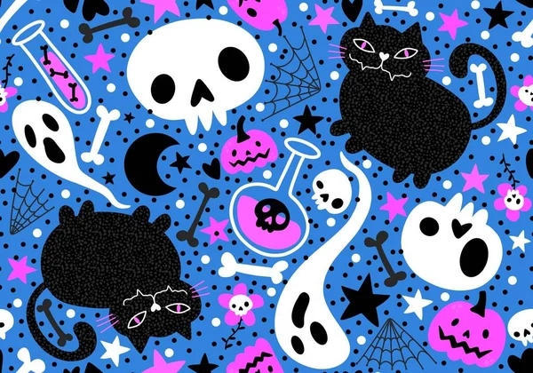 Halloween Katzen Und Kürbisse Nahtlose Geister Und Knochenmuster Zum Einwickeln — Stockfoto