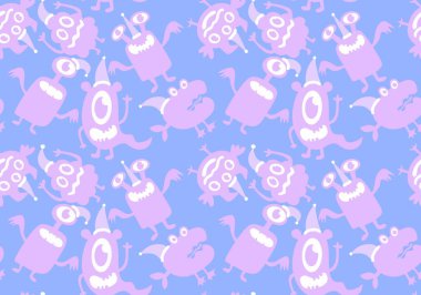 Yeni yıl yaratıkları Noel Baba şapkası desenli kağıt, kumaş, çocuk giysisi baskısı, şenlik ambalajı ve kış aksesuarlarıyla kusursuz Noel canavarları. Yüksek kaliteli illüstrasyon