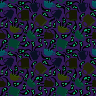 Cadılar Bayramı çizgi roman canavarları kusursuz hayaletler ve bir fincan çay ve kahve kağıtları ve kumaşlar ve moda baskısı ve şenlikli ambalajlar ve sonbahar aksesuarları için. Yüksek kaliteli illüstrasyon