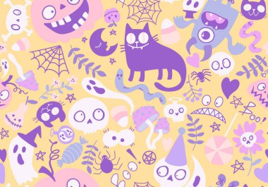 Çizgi filmlerdeki cadılar bayramı canavarları dikişsiz kedi, balkabağı, kafatası, hayalet ve mantar desenli ambalaj kağıtları, kumaşlar, çocuk giysileri baskıları ve şenlikli ambalajlar. Yüksek kaliteli illüstrasyon