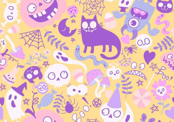 Cartoon Halloween Monstra Hladké Kočky Dýně Lebky Duch Houby Vzor — Stock fotografie