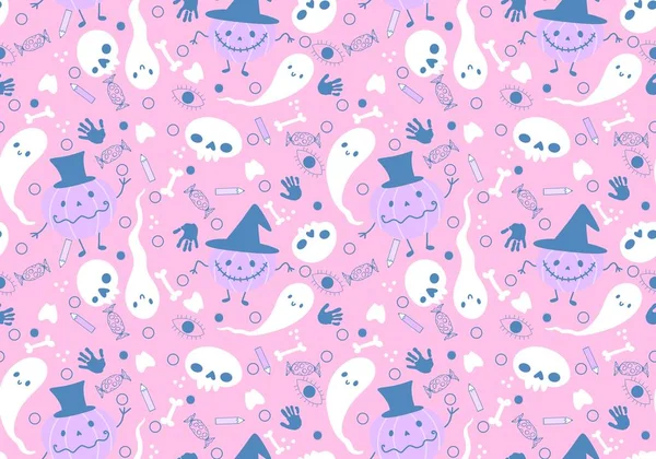 Halloween Cartoon Pumpkins Seamless Ghost Skulls Pattern Wrapping Paper Fabrics — Stock Photo, Image