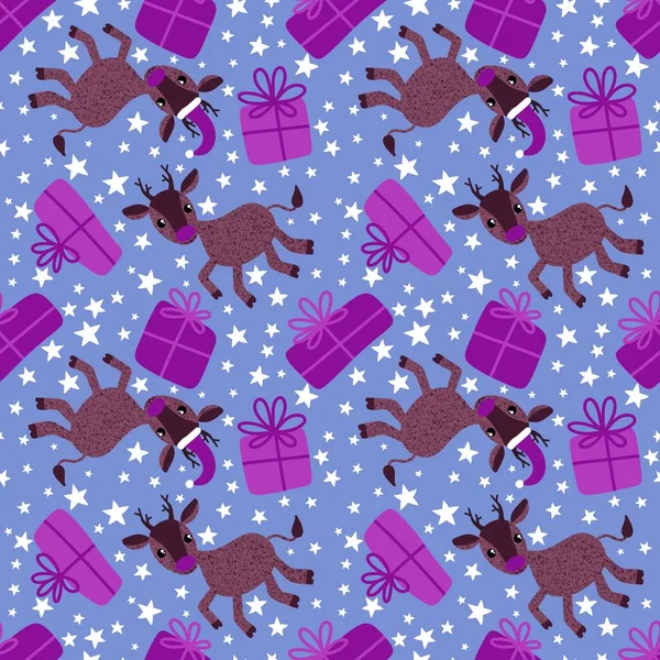 Winter cartoon animals seamless Christmas deer and gift box pattern for wrapping paper and fabrics and kids clothes print and new year accessories and packaging. High quality illustration