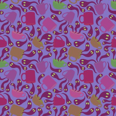 Cadılar Bayramı çizgi roman canavarları kusursuz hayaletler ve bir fincan çay ve kahve kağıtları ve kumaşlar ve moda baskısı ve şenlikli ambalajlar ve sonbahar aksesuarları için. Yüksek kaliteli illüstrasyon