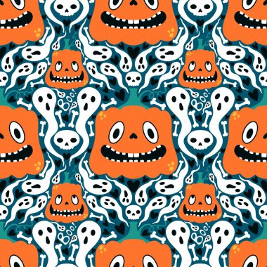 Cadılar Bayramı çizgi filmlerinde balkabakları, hayaletler ve kafatası desenleri kağıt ve kumaşlar ve çocuk giysileri baskısı ve şenlik ambalajları ve sonbahar aksesuarları. Yüksek kaliteli illüstrasyon