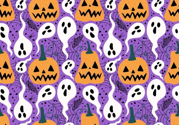 Calabazas Dibujos Animados Halloween Patrón Otoño Sin Costuras Para Embalaje — Foto de Stock