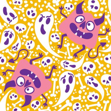 Cadılar Bayramı canavarları dikişsiz balkabakları, hayalet ve kemik desenleri kağıt, kumaş, çarşaf ve çocuk giysileri baskısı, şenlik ambalajı ve sonbahar. Yüksek kaliteli illüstrasyon