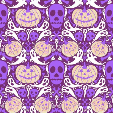 Sonbahar sebze hasadı kusursuz Cadılar Bayramı balkabağı deseni ambalaj kağıdı, kumaş ve çocuk giysileri baskısı ve mutfak ve bayram ambalajı ve moda tekstili. Yüksek kaliteli illüstrasyon