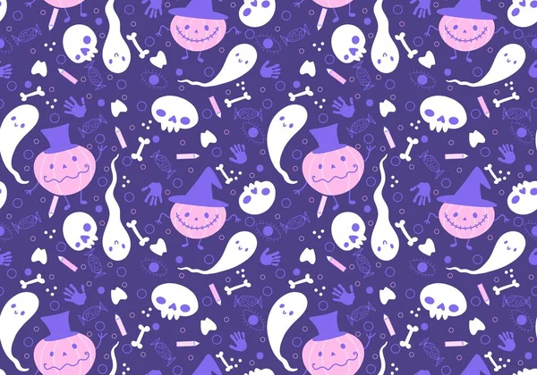 Halloween Kreskówki Dynie Bezszwowe Duch Czaszki Wzór Pakowania Papieru Tkanin — Zdjęcie stockowe