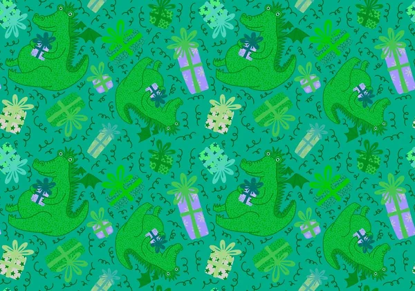 New Year Dragon Seamless Cartoon Christmas Dinosaur Pattern Wrapping Paper — Stock Photo, Image