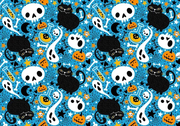 Halloween Katten Pompoenen Naadloze Spook Botten Patroon Voor Het Inpakken — Stockfoto