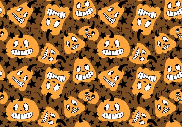 Desenhos Animados Retro Sem Costura Padrão Abóboras Halloween Para Crianças — Fotografia de Stock