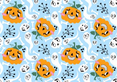 Cadılar Bayramı çizgi filmlerinde balkabakları kusursuz hayaletler ve kafatası desenleri kağıt ve kumaşlar ve çocuk giysileri baskısı ve şenlik ambalajları ve sonbahar aksesuarları. Yüksek kaliteli illüstrasyon