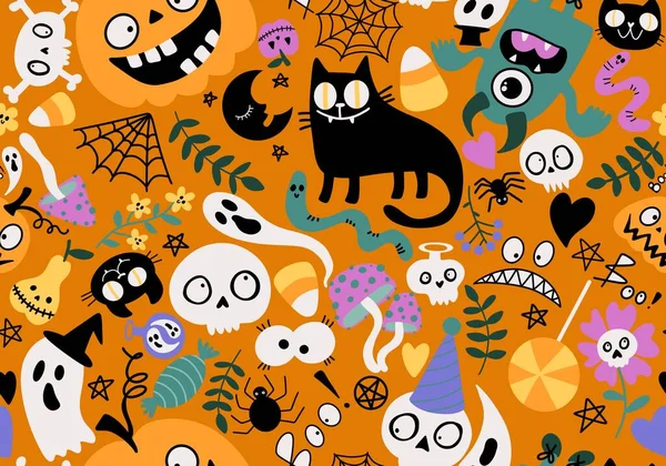 Dibujos Animados Monstruos Halloween Gato Sin Costuras Calabazas Calaveras Patrón —  Fotos de Stock
