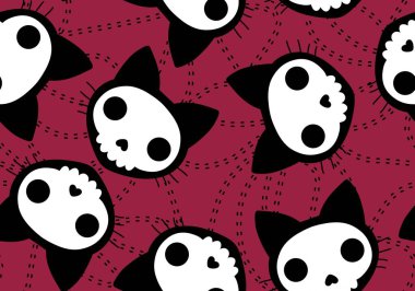 Cadılar Bayramı kedisi ve balkabağı derisi dikişsiz hayaletler ve kafatasları ve kağıt ve kumaşlar için zehir deseni ve çocuk giysileri baskısı ve sonbahar ambalajı ve moda tekstili. Yüksek kaliteli illüstrasyon