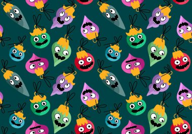 Noel ağacı topları, kumaşlar, ambalaj kağıtları, çocuk giysileri baskısı, yeni yıl ambalajları ve şenlikli aksesuarları olan kusursuz çizgi film canavarları. Yüksek kaliteli illüstrasyon