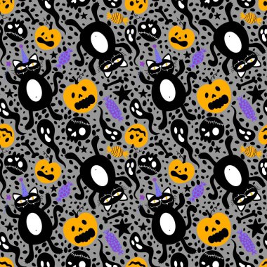 Cadılar Bayramı karikatürleri, balkabakları, dikişsiz kedi, kafatası ve hayalet desenleri kağıt, kumaş ve çocuk giysileri baskısı ve sonbahar ambalajı ve şenlikli aksesuarlar. Yüksek kaliteli illüstrasyon