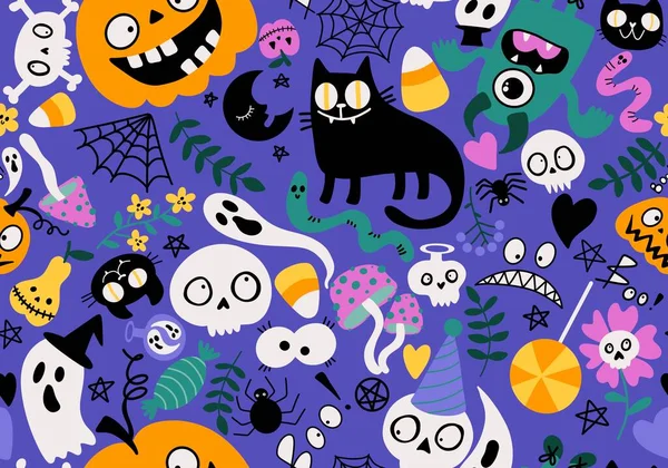 Cartoon Halloween Monstra Hladké Kočky Dýně Lebky Duch Houby Vzor — Stock fotografie