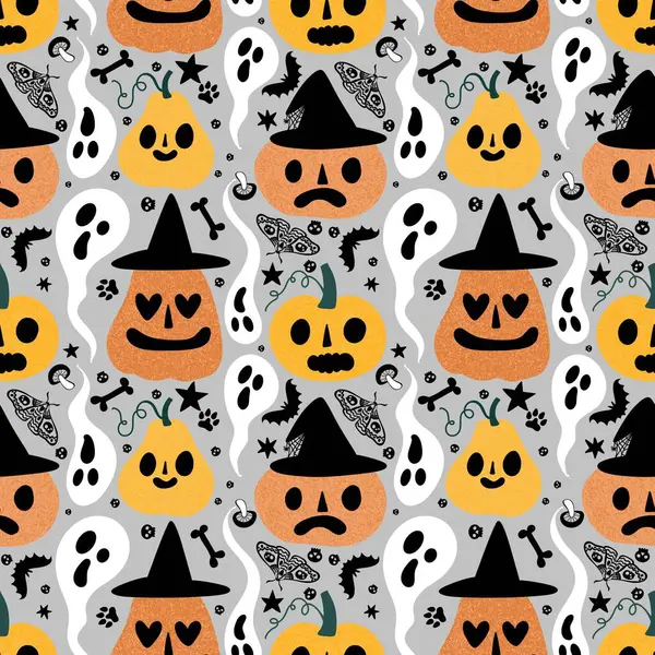 Halloween Cartoon Pumpkins Seamless Autumn Pattern Festive Packaging Wrapping Paper — Stock Photo, Image