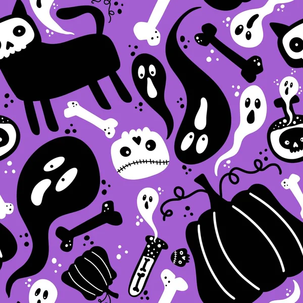 Halloween Katze Und Kürbisse Nahtlose Gespenster Und Totenköpfe Und Giftmuster — Stockfoto