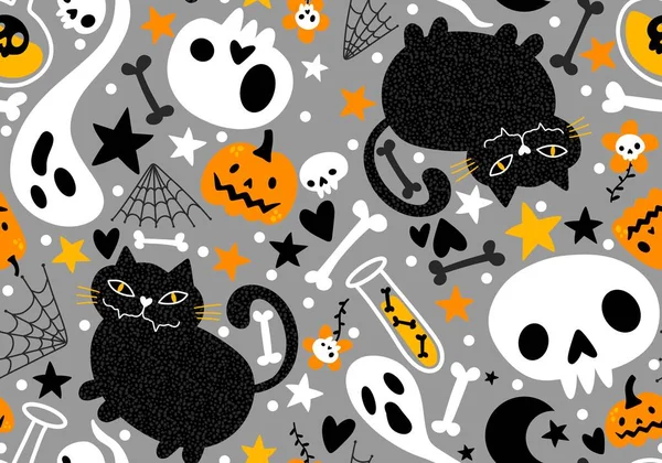 Gatti Zucche Halloween Senza Cuciture Modello Fantasma Ossa Avvolgere Carta — Foto Stock