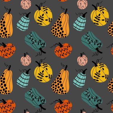 Cadılar Bayramı balkabaklarının dikişsiz sonbahar hasat şablonu kağıt, kumaş, çocuk aksesuarları, mutfak tekstili ve şenlikli paketleme için sebze deseni. Yüksek kaliteli illüstrasyon
