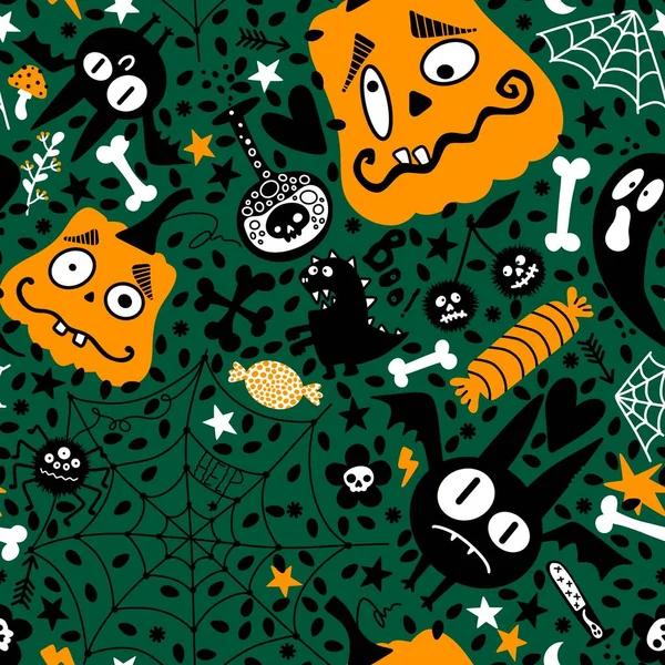 Halloween Tecknad Pumpor Sömlös Bat Och Spöke Och Godis Och — Stockfoto