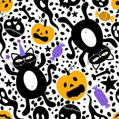 Cadılar Bayramı karikatürleri, balkabakları, dikişsiz kedi, kafatası ve hayalet desenleri kağıt, kumaş ve çocuk giysileri baskısı ve sonbahar ambalajı ve şenlikli aksesuarlar. Yüksek kaliteli illüstrasyon