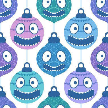 Noel ağacı topları, kumaşlar, ambalaj kağıtları, çocuk giysileri baskısı, yeni yıl ambalajları ve şenlikli aksesuarları olan kusursuz çizgi film canavarları. Yüksek kaliteli illüstrasyon