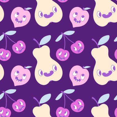 Çizgi filmdeki meyvesiz kirazlar, armutlar ve şeftali desenli ambalajlar, çocuk giysileri, tekstil ürünleri, şenlikli ambalajlar ve sonbahar aksesuarları. Yüksek kaliteli illüstrasyon