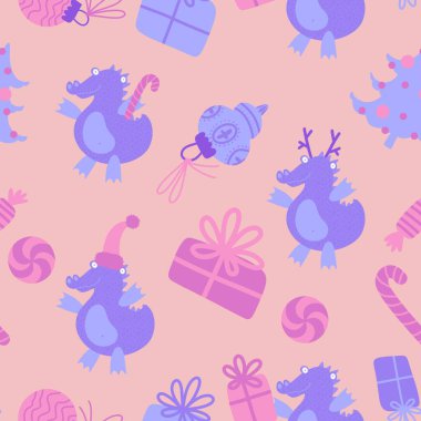 Yeni yıl ejderhaları, Noel dinozor desenli ambalajsız ambalajsız Noel dinozor desenleri ve çocuk kıyafetleri baskısı, şenlikli ambalajlar, kumaşlar ve Noel aksesuarları. Yüksek kaliteli illüstrasyon