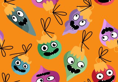 Noel ağacı topları, kumaşlar, ambalaj kağıtları, çocuk giysileri baskısı, yeni yıl ambalajları ve şenlikli aksesuarları olan kusursuz çizgi film canavarları. Yüksek kaliteli illüstrasyon